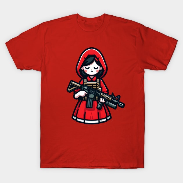 Tactical Little Red Riding Hood Adventure Tee: Where Fairytales Meet Bold Style T-Shirt by Rawlifegraphic